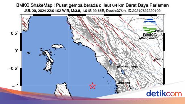 Gempa M 3,8 Terjadi di Pariaman Sumbar